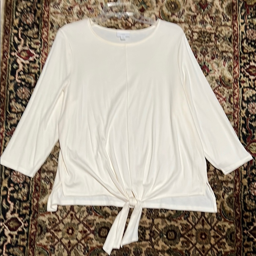 J. Jill Cream Tie-Front Three Quarters Sleeve Top Size Large Runs Tall